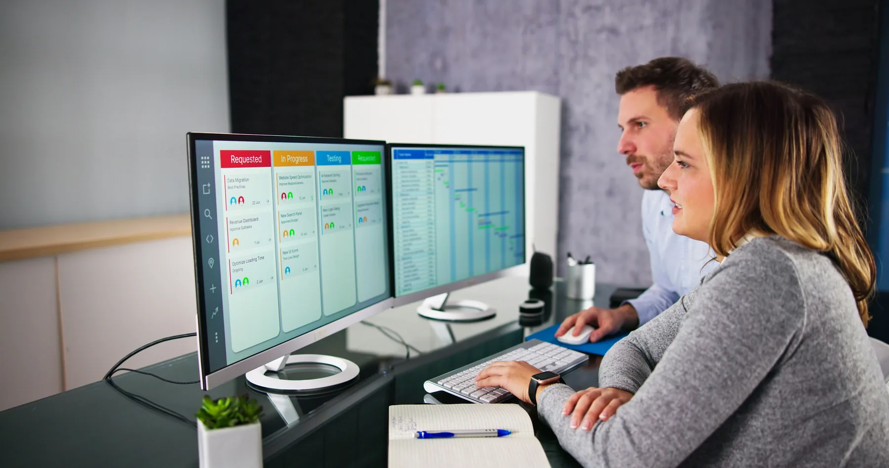 Team reviewing a connected quality workflow on a shared dashboard